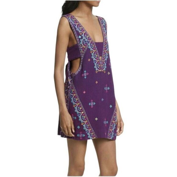 Free People Dress Heavily Embroidered Purple Size S Tie Back Mini V Neck Boho - Picture 1 of 13